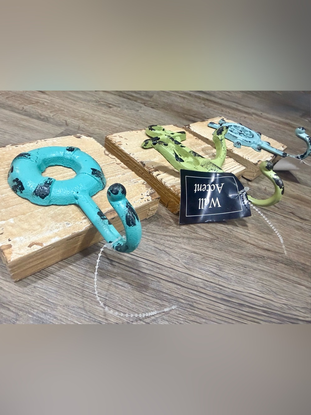 ( New ) Nautical 5”x7”Iron and Wood Wall Hooks Set - Sea Wheel, Anchor & Lifebuo